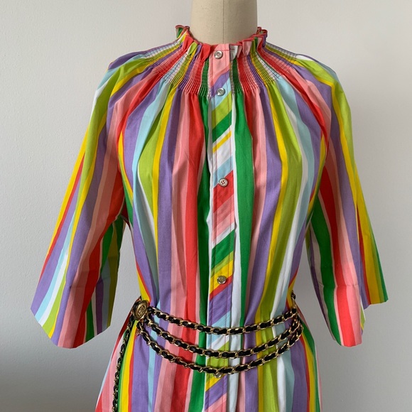 Vintage Rainbow Striped 1970s Smocked Dress - Picture 2 of 7